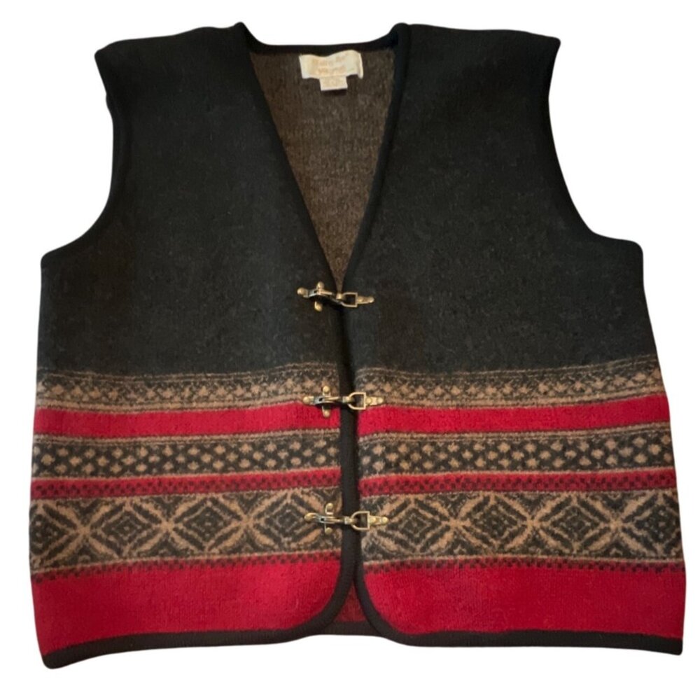 Tally Ho Vintage Wool Sweater Vest Womens Small Black Red Fair Isle Metal Clasp